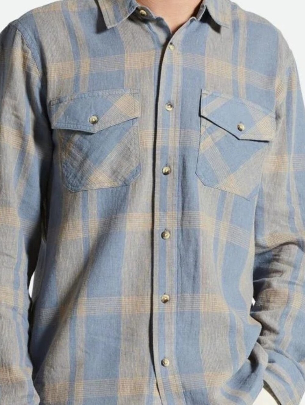 Brixton Memphis Linen Blend Blue & Khaki Plaid Shirt
